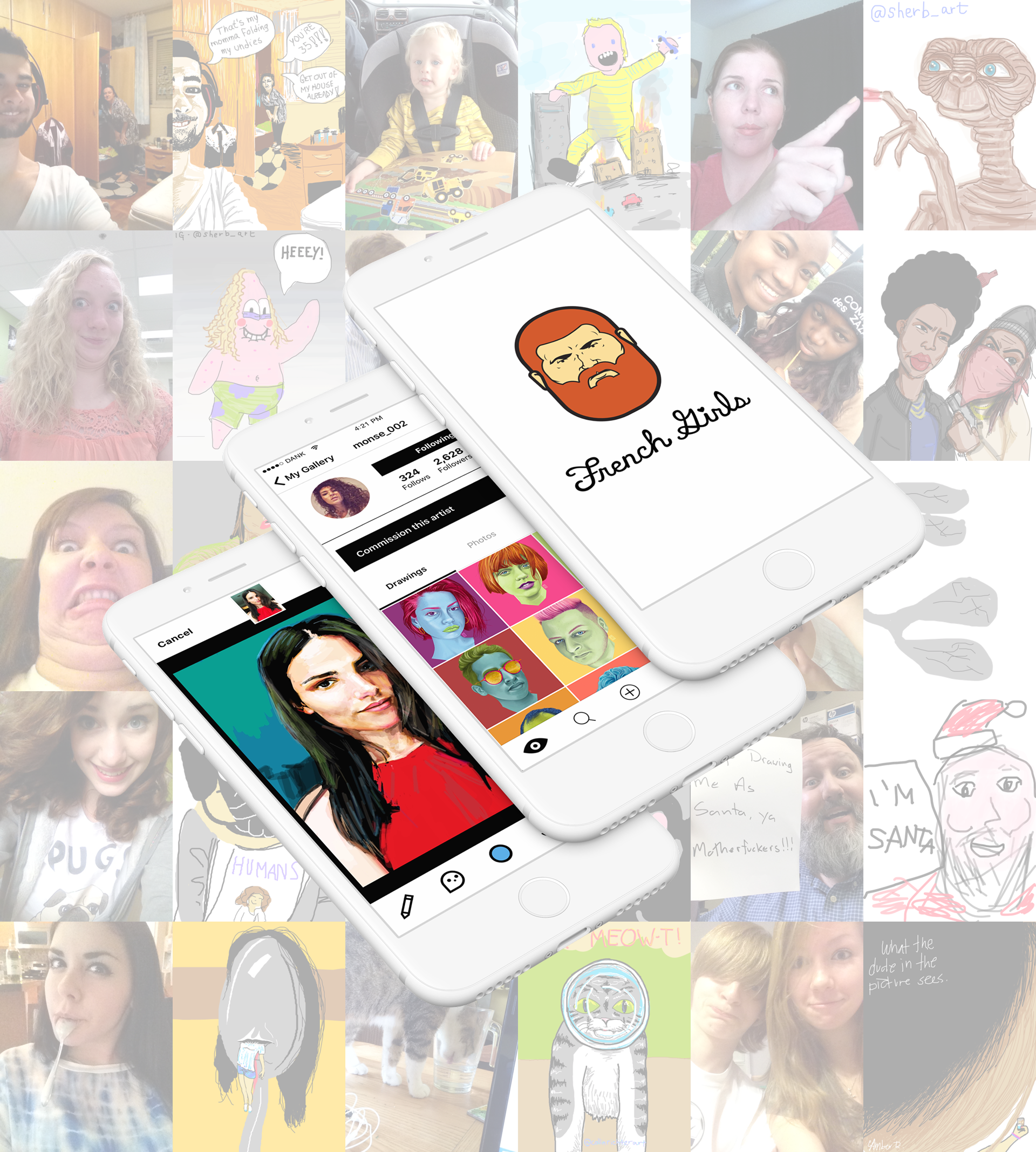 french girls app imge. mobile phone with french girls logo of a bearded man on it